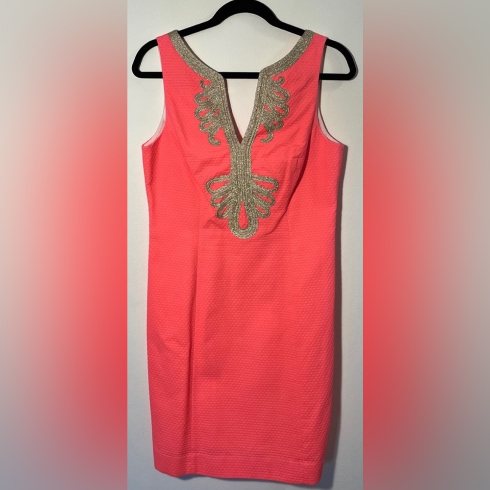 Lilly Pulitzer Janice Shift Dress Hotty Pink Gold Embroidered EUC 0